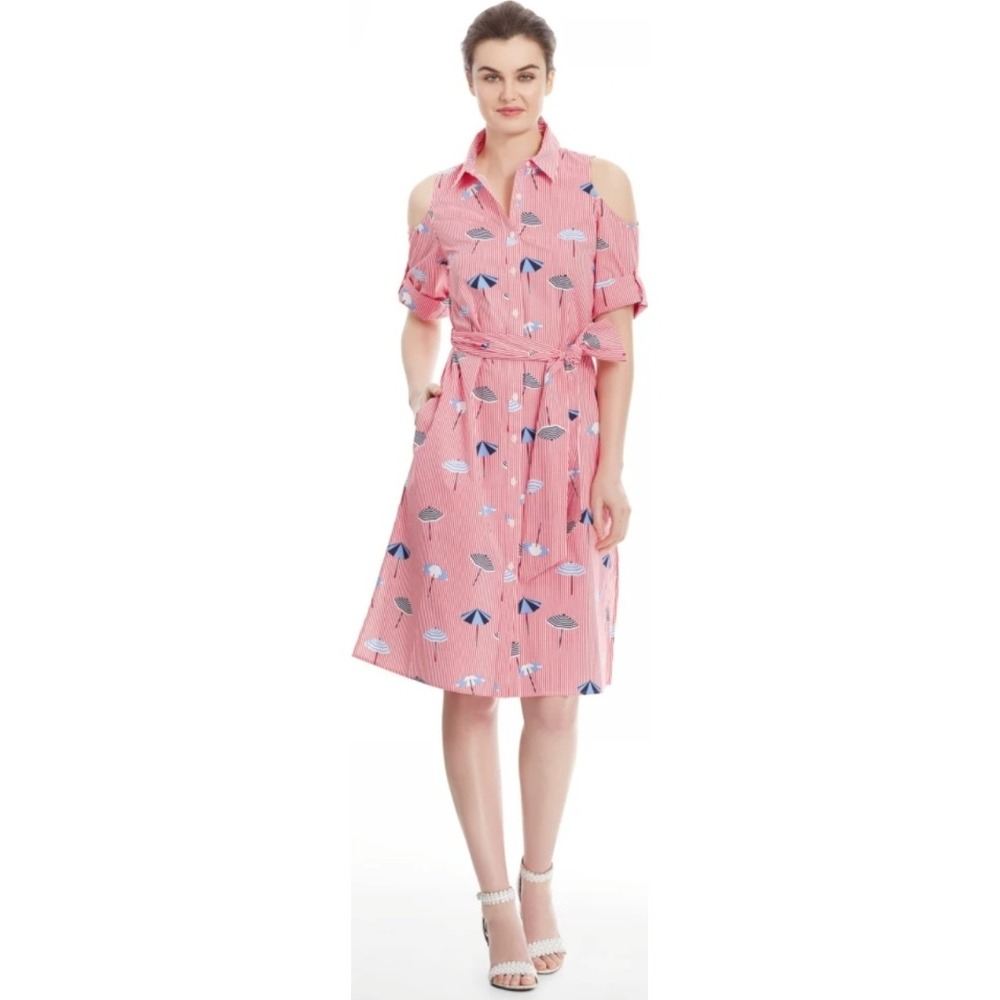 Draper James Shirt Dress Cold Shoulder Striped Umbrella Print Belted Size 2 NWOT - Picture 3 of 12